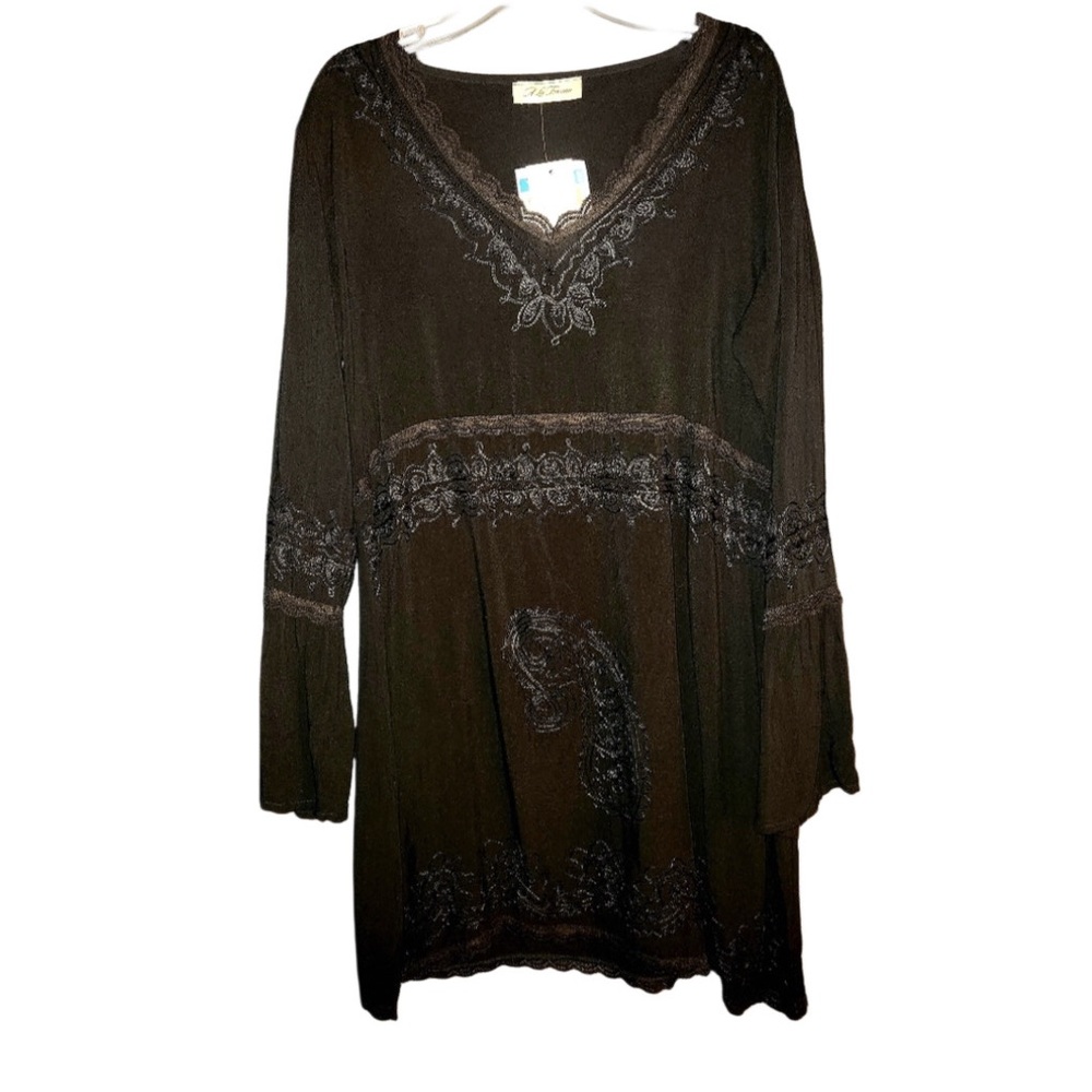 NWT A La Tzarina Black Embroidered Boho Long Sleeve Mini Dress Size Medium